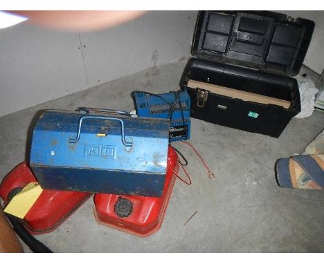 Three fuel cans, battery charger and tool box. (collect only)