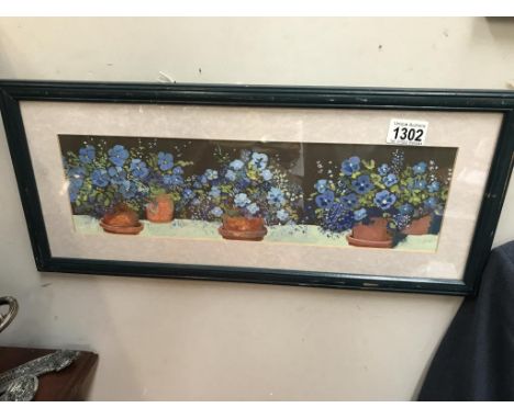 A framed &amp; glazed 20th century Margaret Cook, British Gouache on paper, blue Geraniums on shelf (54cm X 24cm) (Collect on