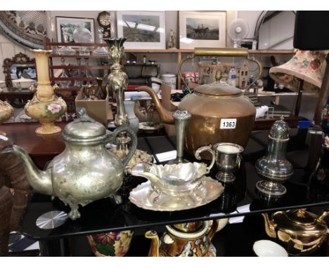 A Victorian copper kettle, ornate silver plated candlestick &amp; gravy boat on tray etc.