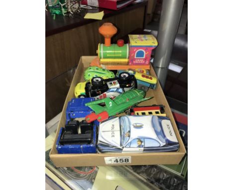 A quantity Chad Valley tin plate melody train, clockwork frog friction cars etc