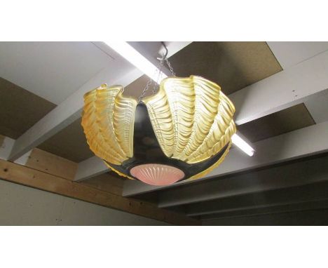An art deco four amber clam shell uplighter ceiling light. (collect only)