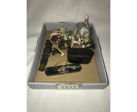 A silver topped perfume bottle stopper, 3 decorative eggs, 2 cats &amp; snuff box etc. ****Condition report**** Grey cat has 