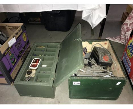 A box of Triang H0/00 railway truck &amp; old painted wooden tool box