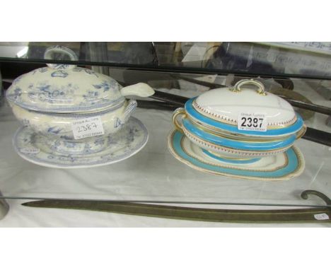 A Royal Worcester sauce tureen and a blue and white sauce tureen with ladle.