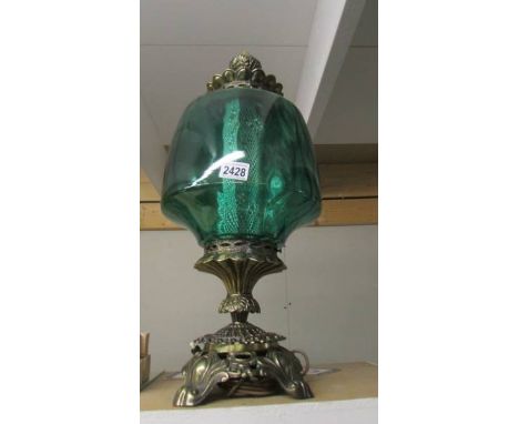 A large metal and green glass lamp. (Collect only)