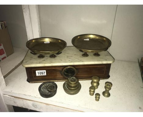 A set of Victorian inlaid mahogany shop scales with marble shelf &amp; brass pans by PARNALL &amp; Sons, Bristol with some we