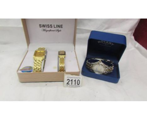 A boxed Rotary wrist watch and a boxed matched pair of Swiss Line ladies and gent's wrist watches.