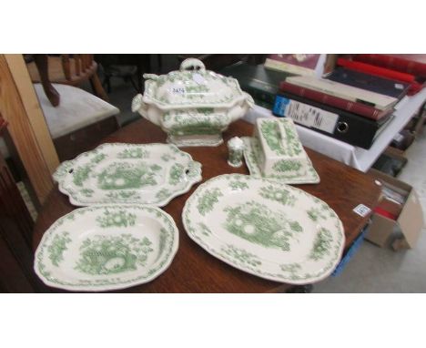 A large Mason's 'Fruit Basket' pattern tureen with ladle, a matching cheese dish, 2 platters, an oval dish and a salt pot. (c