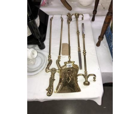 Art nouveau brass fire irons &amp; 2 fender stands