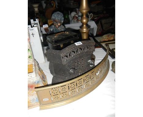 Two fire fronts, a metal box and a tall brass candlestick. (collect only)