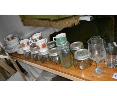 A shelf of vintage ceramics and glass ware. (collect only)