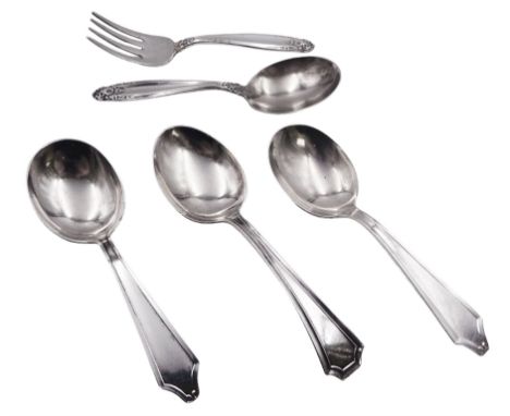 20th century American silver Prelude pattern baby spoon and fork set, with foliate detail to terminals, marked International 