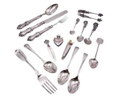 Group of silver flatware, to include Victorian christening set comprising knife, fork and spoon with silver handles, blade, p