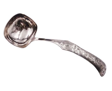 Mid 19th century Dutch silver 833 standard soup ladle, with rounded rectangular bowl, the shaped and curved stem engraved wit