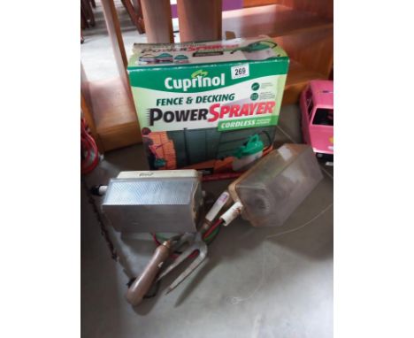 A mixed lot, boxed Cuprinol power sprayer, lights, tools etc
