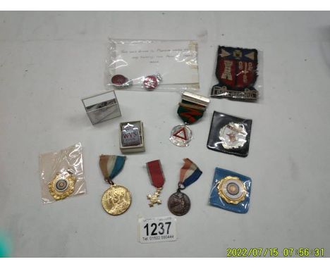 A small collection of badges and medals including Silver safe driving medal, WVS badge etc.,