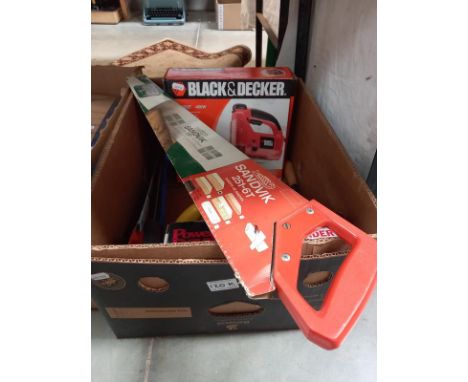 A quantity of tools, including Black &amp; Decker jigsaw etc