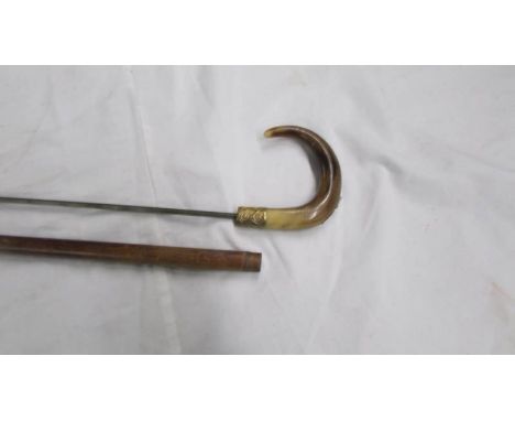 An old cane sword stick with horn handle, 90 cm, blade 58 cm.