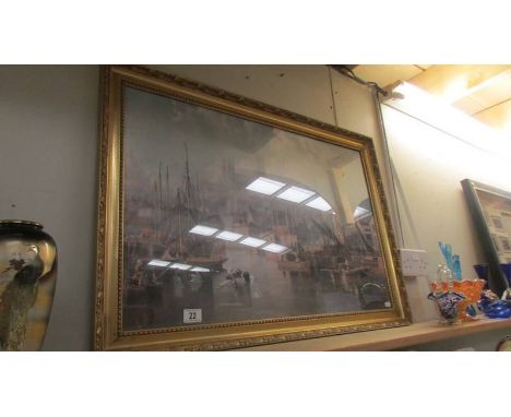 A framed and glazed print depicting Brayford Wharf in the 19th century. COLLECT ONLY.