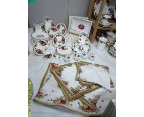 15 pieces of Royal Albert Old Country Roses pin dishes, cased set spoons etc., with tablecloth and napkins.