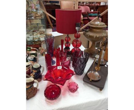 A good lot of glassware including table lamps, ruby glass and purple vases etc. Collect Only