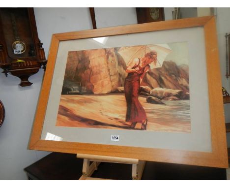 A large oak framed print of a lady on a beach with a chauffer waiting in the corner, COLLECT ONLY.