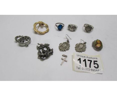Three vintage silver rings, a pair of early 20th century earrings and other items.