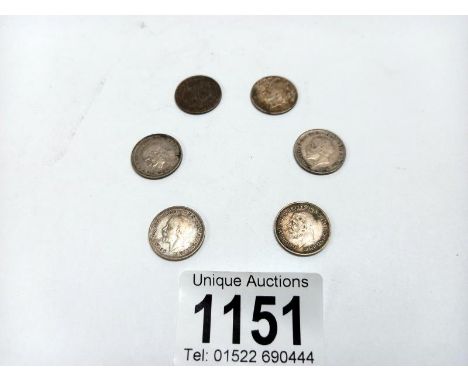 Six silver threepenny bits, 1821-1943, 8 grams.