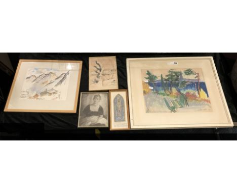 PROF. EINAR FORSETH 5 SIGNED WATERCOLOURS 25CM X 18CM STOCKHOLM SCENE WITH BLACK &amp; WHITE PORTRAIT 17CM X 21CM WITH A MOUN
