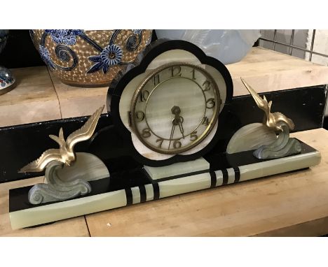 ART DECO MARBLE CASED MANTLE CLOCK - WITH SEAGULL FIGURES TO SIDES
