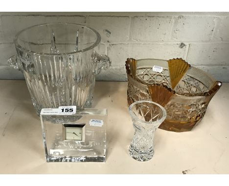 WATERFORD DESK CLOCK, JOHN ROCHA CRYSTAL ICE BUCKET, BOHEMIAN VASE, GLASS CENTREPIECE