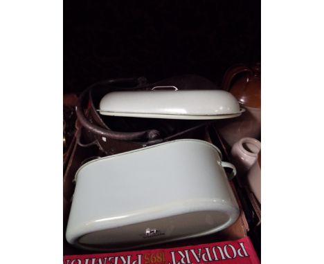 A box with coal scuttle, enamel kitchen ware, irons etc