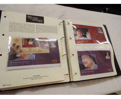 An album of mint coin first day covers and stamps depicting the life of the Queen Mother, some limited edition