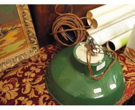 A green enamel industrial ceiling light 