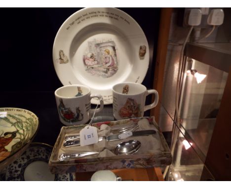 A box Beatrix Potter silver-plated 'Bobtails' knife, fork and spoon christening set together with a Wedgwood 'Mrs Tiggy-Winkl