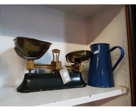 A set of Correct Weight scales and weights together with an enamel jug