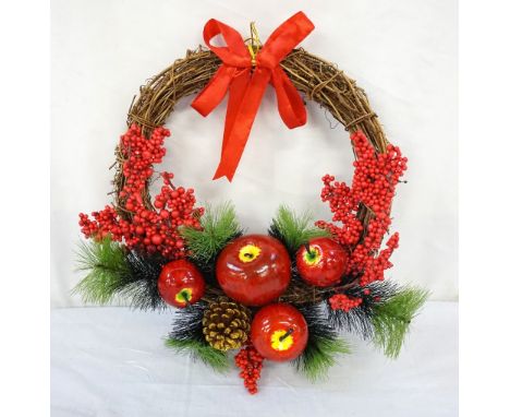 ARTIFICIAL CHRISTMAS WREATHthe twig ring decorated with pine sprigs, apples, golden cones and red berries, 35cm diameter