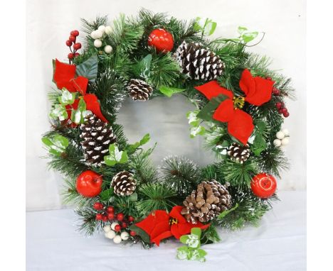 ARTIFICIAL CHRISTMAS WREATHthe twig ring decorated with pine sprigs, apples, golden cones and red berries, 35cm diameter