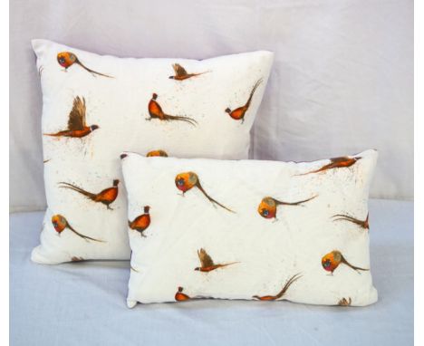 TWO CLARE BROWNLOW PHEASANT CUSHIONSone large square, 39cm x 39cm and one rectangle, 26cm x 44cm, each with a contrasting pur
