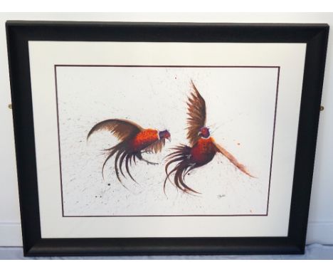 FIGHTING PHEASANTS BY CLARE BROWNLOWan original watercolour using pheasant feathers, signed and framed, image size 54cm x 71c