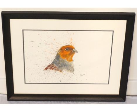 ENGLISH GREY PARTRIDGE BY CLARE BROWNLOWan original watercolour using pheasant feathers, signed and framed, image size 28cm x
