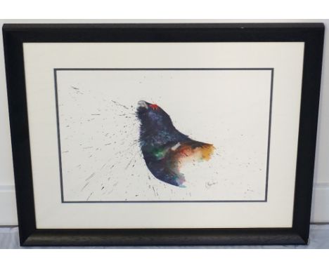 STUDY OF A CAPERCALLIE HEAD BY CLARE BROWNLOWan original watercolour using pheasant feathers, signed and framed, image size 2