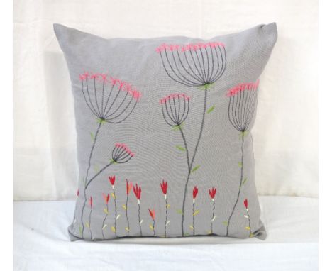 HAND MADE EMBROIDERED CUSHION BY JANICE HUTCHESONin linen, the grey and pink embroidery depicting flowers, with ceramic butto