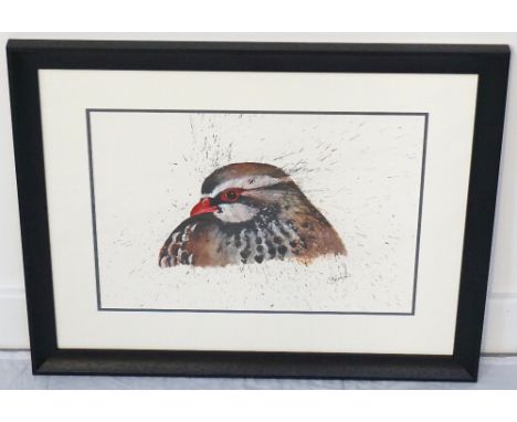 FRENCH PARTRIDGE BY CLARE BROWNLOWan original watercolour using pheasant feathers, signed and framed, image size 28cm x 40cm,