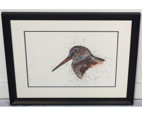 STUDY OF A WOODCOCK HEAD BY CLARE BROWNLOWan original watercolour using pheasant feathers, signed and framed, image size 28cm