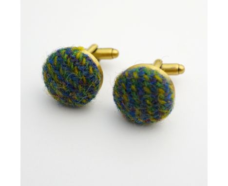 BLUE, GREEN AND PURPLE HARRIS TWEED CUFFLINKS BY SIMONE WOODin fitted box with Harris Tweed certification label (matching bow
