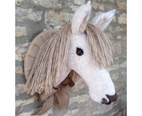 CREAM HARRIS TWEED FAUX TAXIDERMY PONY HEAD BY JULIET LEDSONthe head with jute mane, false eyelashes, faux leather nose and b