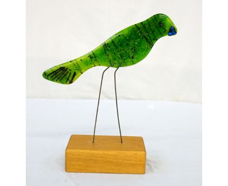 'GREEN BIRD' HAND-MADE FUSED GLASS SCULPTUREthe hand-made glass bird decorated in green and black on a wooden base, 28.5cm hi