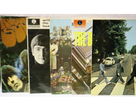 Five The Beatles records including Abbey Road, mainly 331/3 RPM. P&amp;P Group 2 (£18+VAT for the first lot and £3+VAT for su