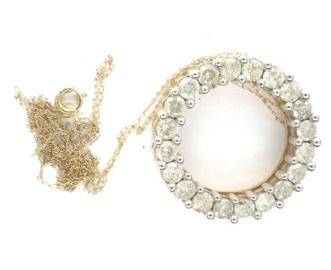 Diamond set circular pendant on a fine 14ct gold chain, chain L: 48 cm, pendant D: 23 mm, combined 5.5g. P&amp;P Group 1 (£14